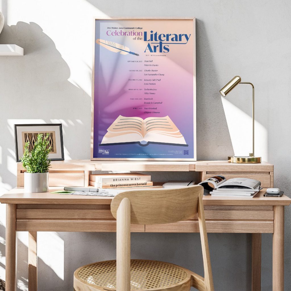 Mockup of Literary Arts Poster sitting on a light brown desk with natural light